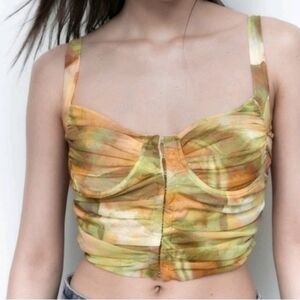 ZARA Ruched Mesh Corset Top Green Orange Floral Size M